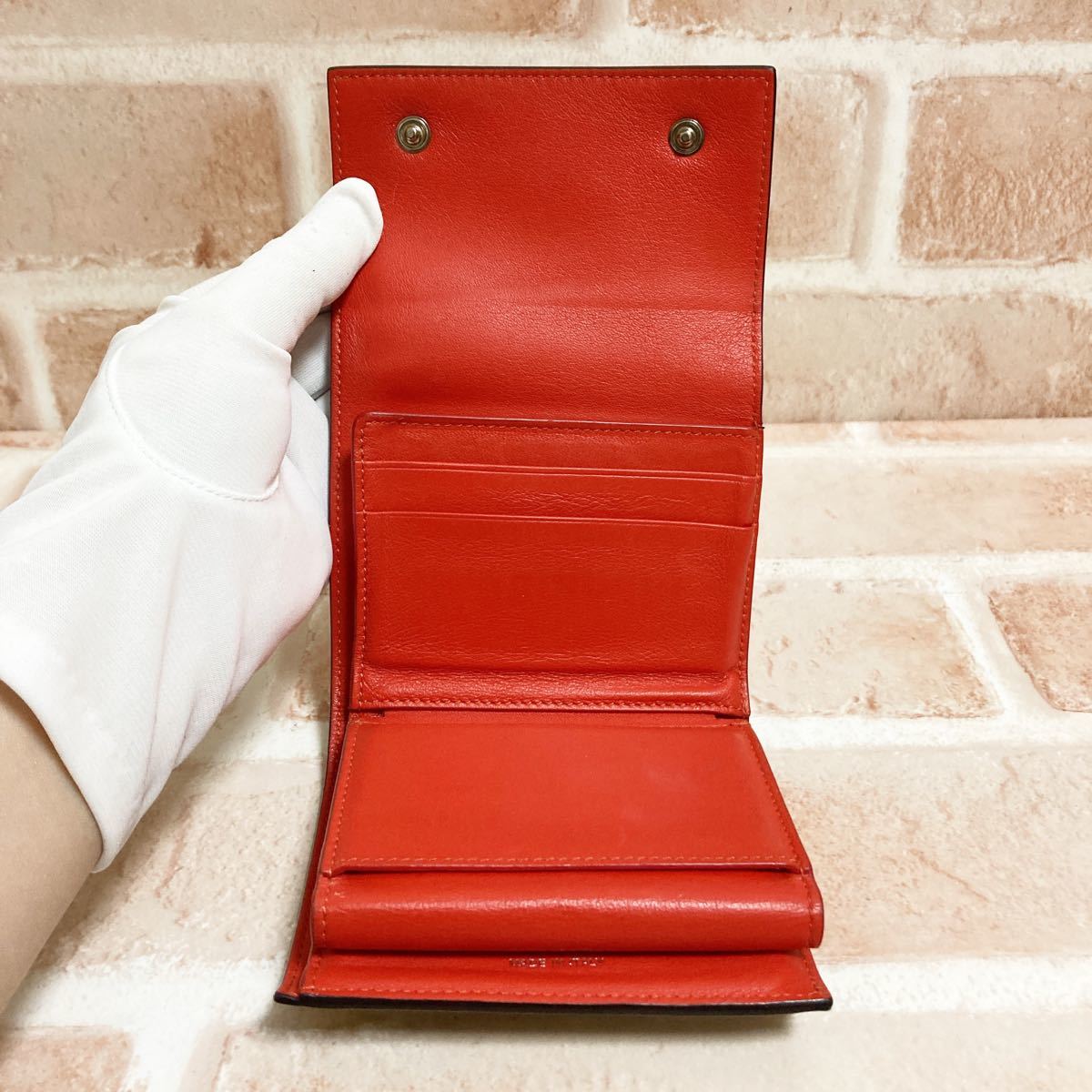 良品 CELINE セリーヌ 三つ折り財布 バイカラー ベージュ レッド 赤