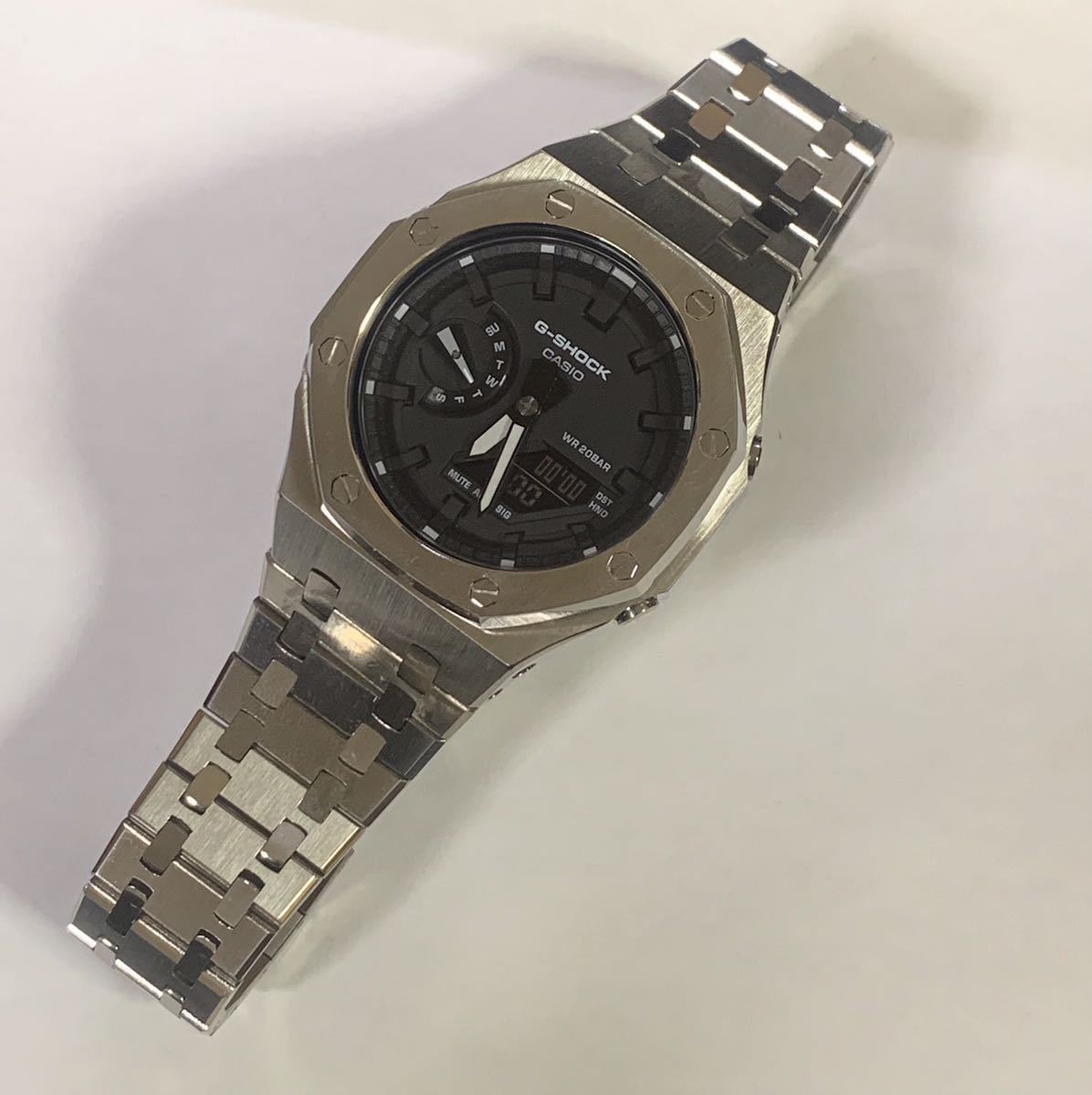 G-SHOCK Gショック ジーショック カシオ デジタル 腕時計　ga2100ske-7aer ステンレスフルメタルカスタムベゼル、ベルト　3世代　シルバー