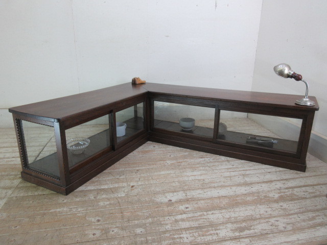 古い木味のL型ガラスケースH460　　アンティークパンケース陳列棚カウンター店舗什器カフェ什器無垢材古家具