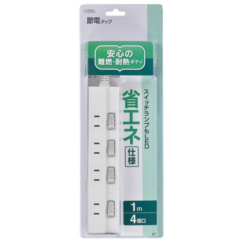 電源タップ 4個口 1m 白 ホワイト_HS-TP41PBT-W 00-6917 OHM オーム電機_画像2