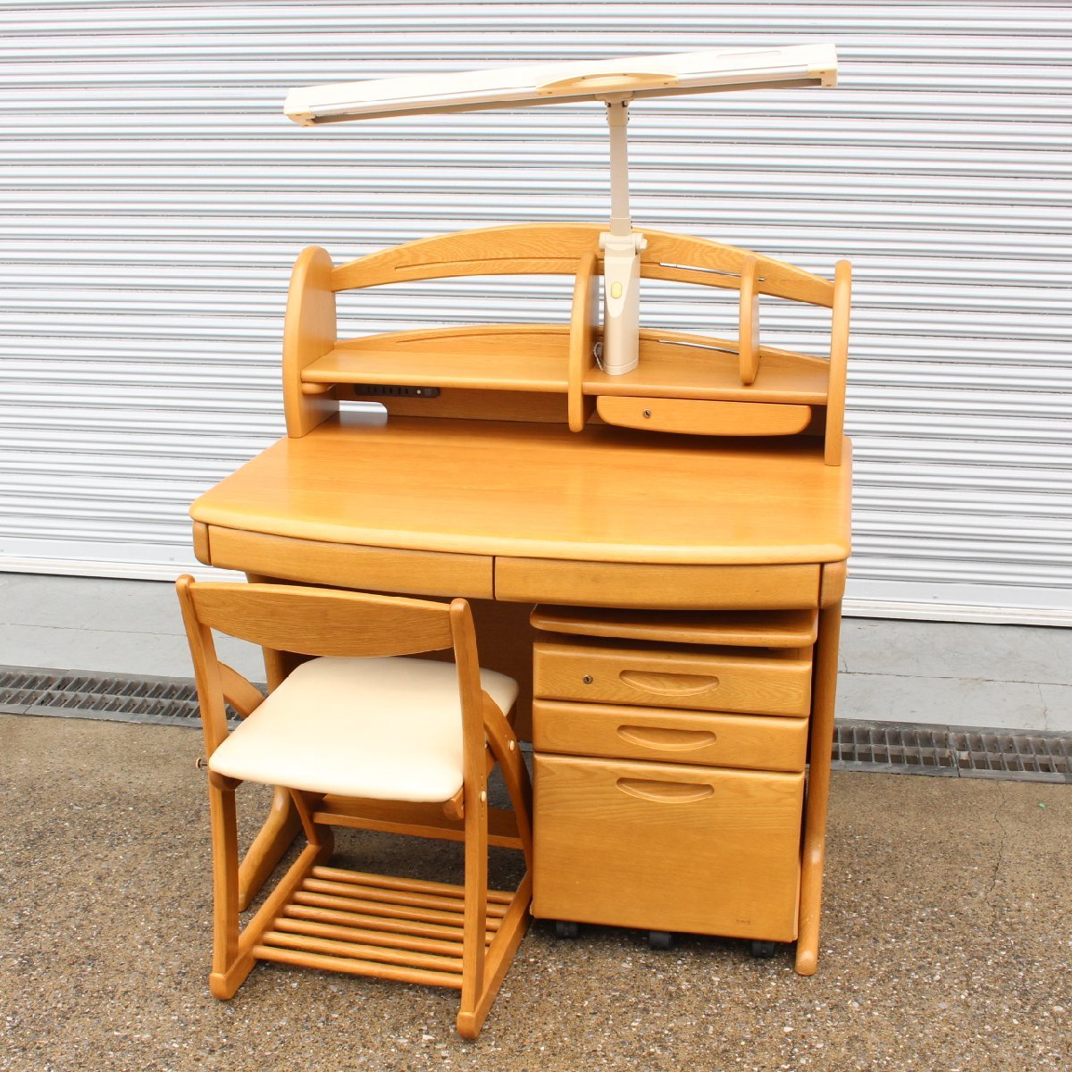 T930) 浜本工芸 学習机 勉強机 デスク ワゴン セット 天然木 無垢材
