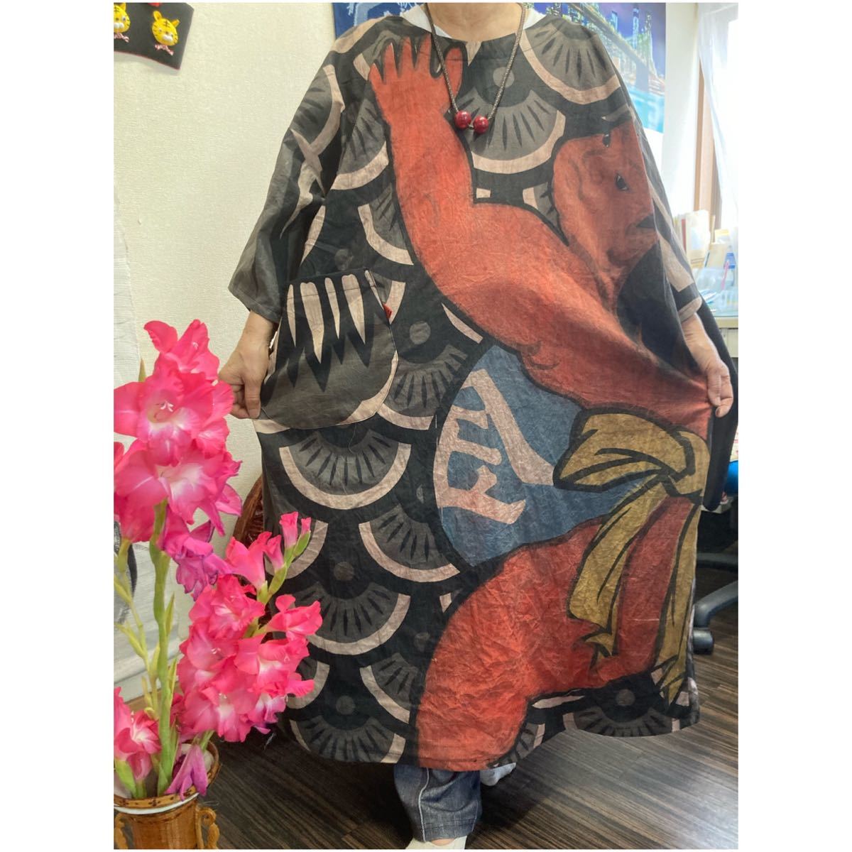 鯉のぼり(木綿)(金太郎さん柄付き)柿渋染めワンピース 古布リメイク