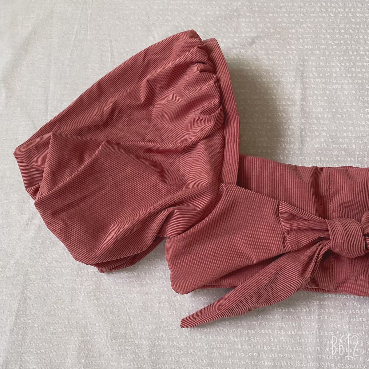 リボン ビキニ セパレート 水着 ピンク リブ 袖コン パフスリーブ 二の腕カバー シンプル 可愛い レディース 韓国 XL LL