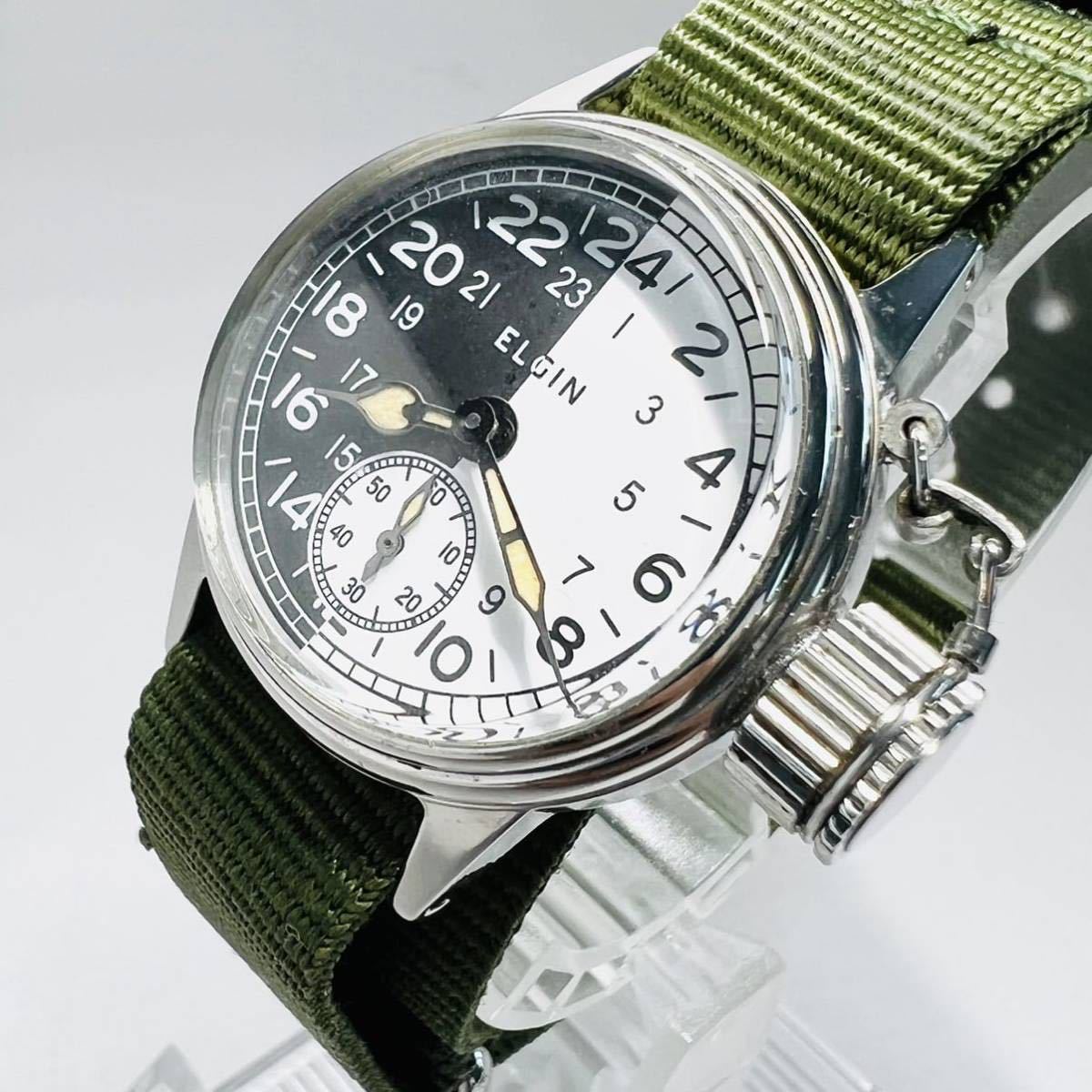 【極美品・OH済】ELGIN/エルジン アンティーク WW2 第二次世界大戦ミリタリー 手巻き デイナイト ブラック/ホワイト スモセコ 腕時計