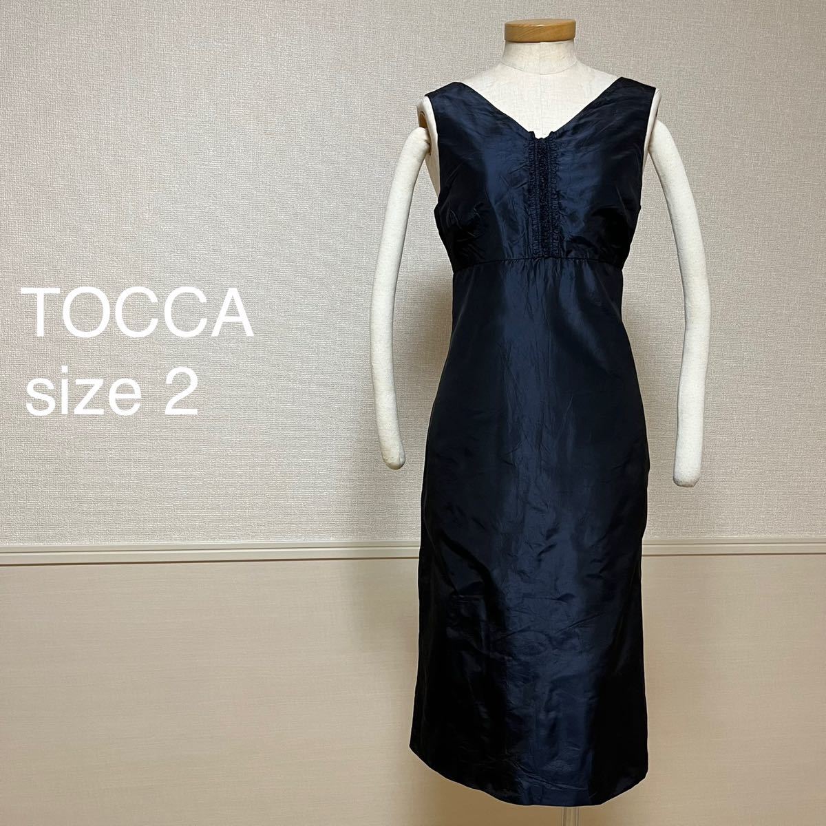 トッカ TOCCA シルク ノースリーブ 膝丈 ワンピース ドレス 2 ネイビー