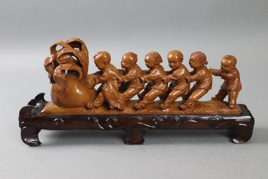 中国美術 木造彫刻 大根と唐子 置物 高33 5cm 黄楊木 木彫 子供 人物 