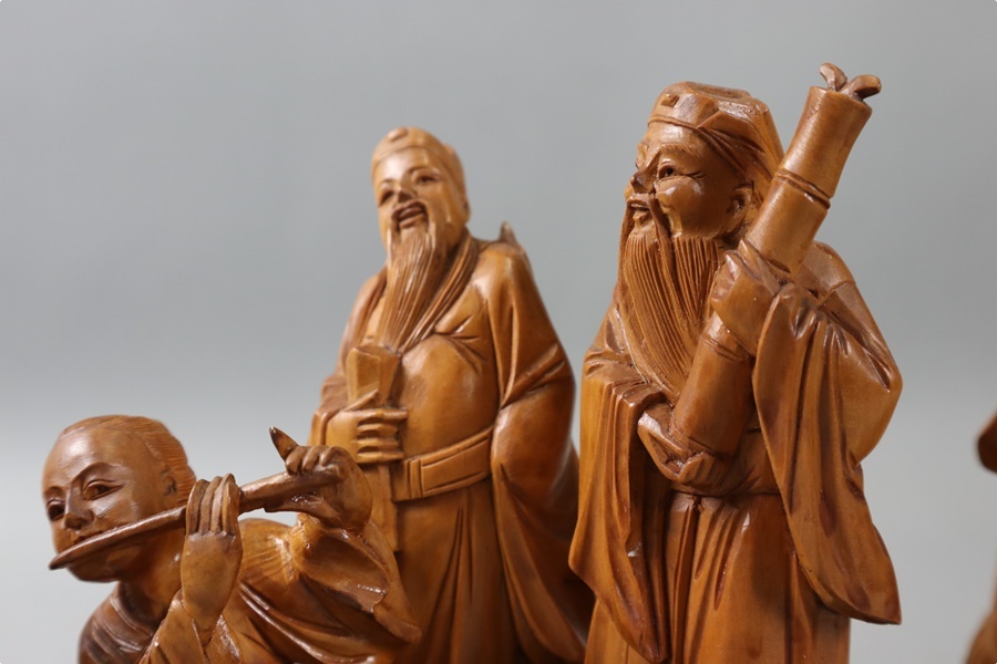中国美術 木造彫刻 八仙人 置物 幅55cm 黄楊木 木彫 子供 人物 細密細工 古美術品[a1275]_画像4