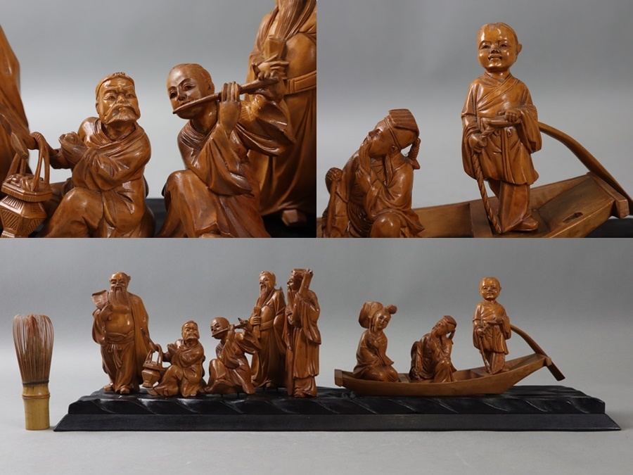 中国美術 木造彫刻 八仙人 置物 幅55cm 黄楊木 木彫 子供 人物 細密細工 古美術品[a1275]_画像1