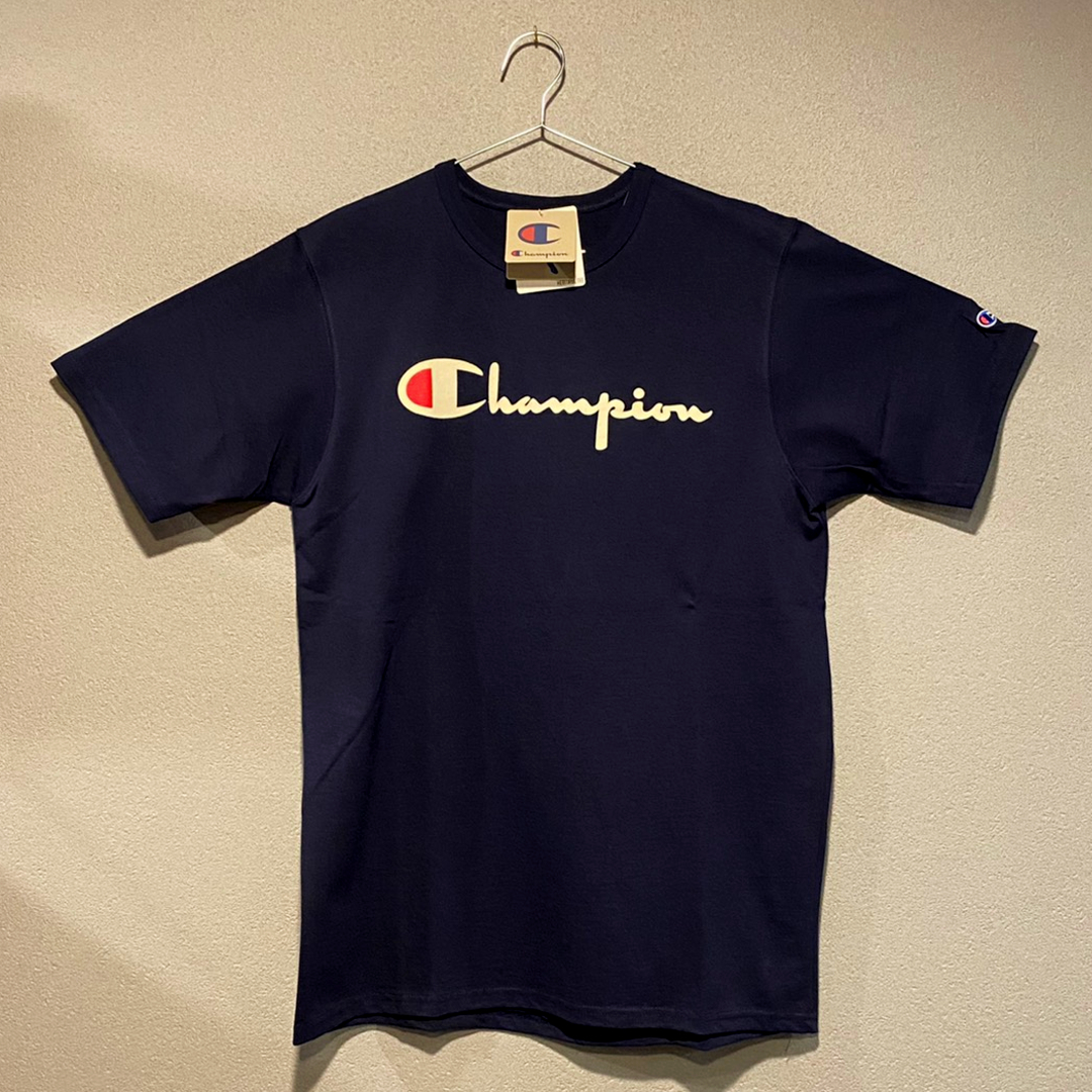 【並行輸入品】Champion ショートスリーブTシャツ サイズL HERITAGE TEE FLOCK LOGO ヘリテージ ベロアロゴ ネイビー NAVY 紺 半袖