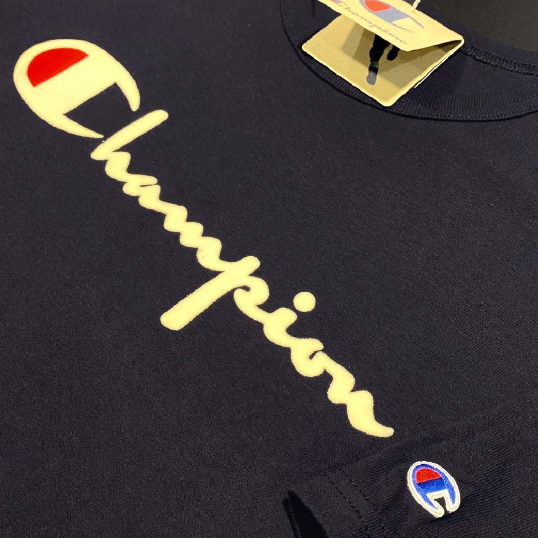 【並行輸入品】Champion ショートスリーブTシャツ サイズL HERITAGE TEE FLOCK LOGO ヘリテージ ベロアロゴ ネイビー NAVY 紺 半袖