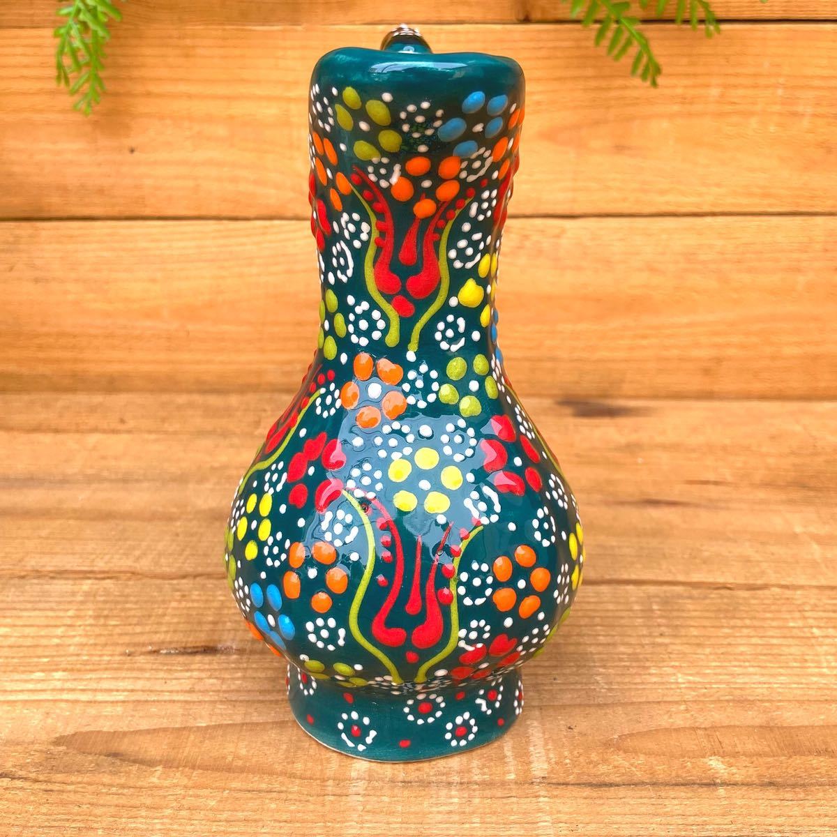 15cm* new goods * Turkey ceramics vase flower base handle attaching * green * hand made kyu tough ya ceramics [ conditions attaching free shipping ]132