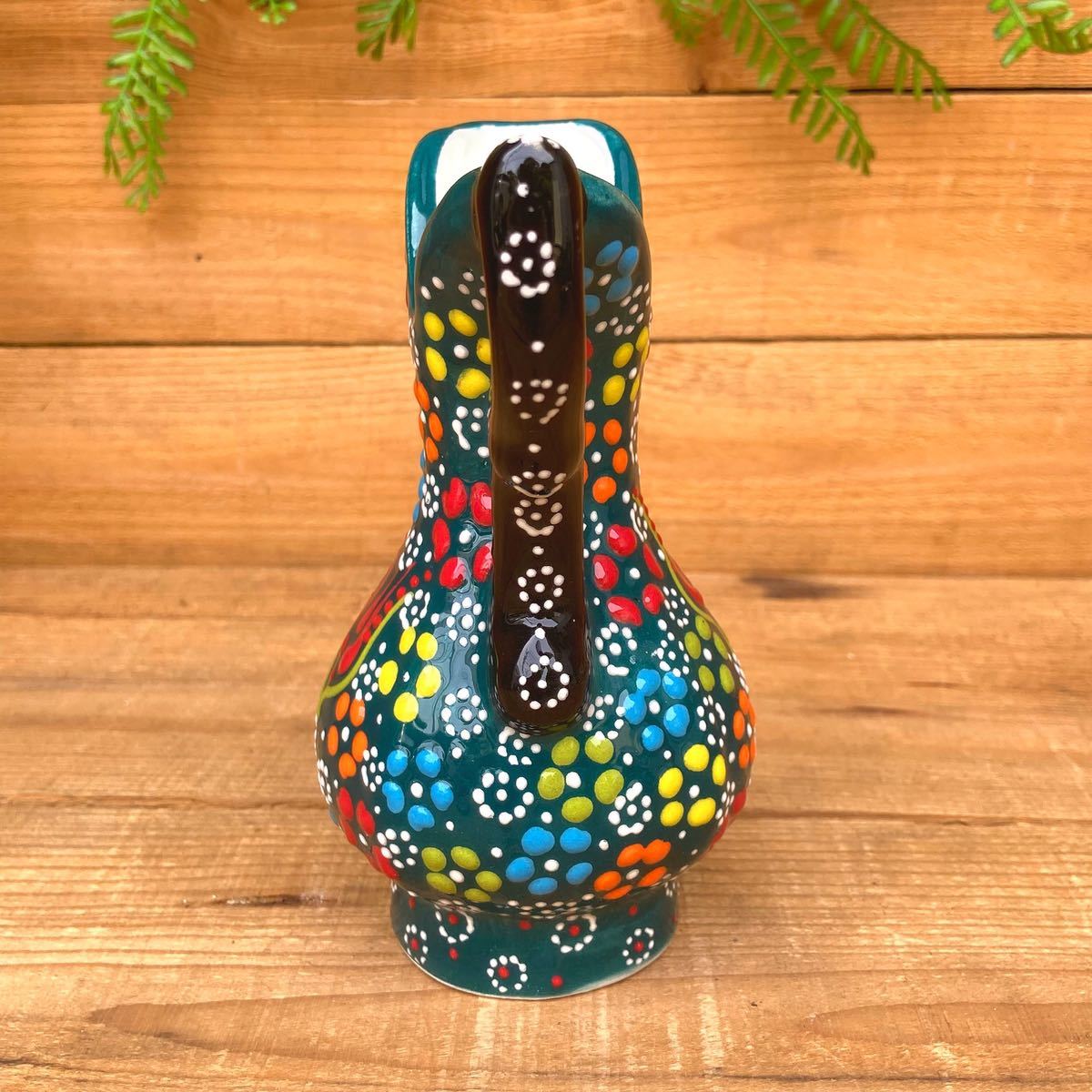 15cm* new goods * Turkey ceramics vase flower base handle attaching * green * hand made kyu tough ya ceramics [ conditions attaching free shipping ]132