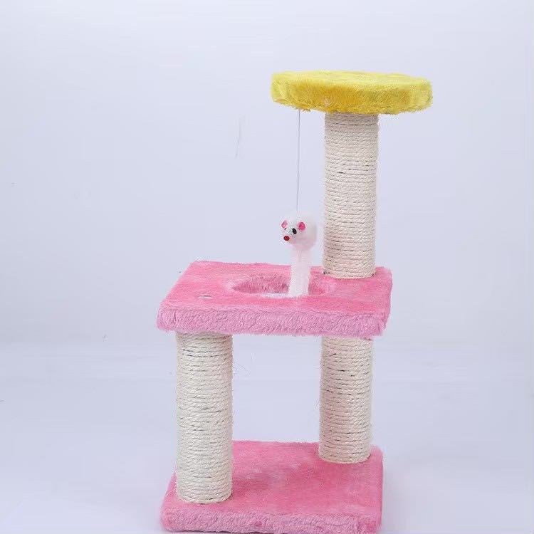 キャットタワー 組み立て簡単 3階建て ピンク×イエロー 【122】猫タワー 