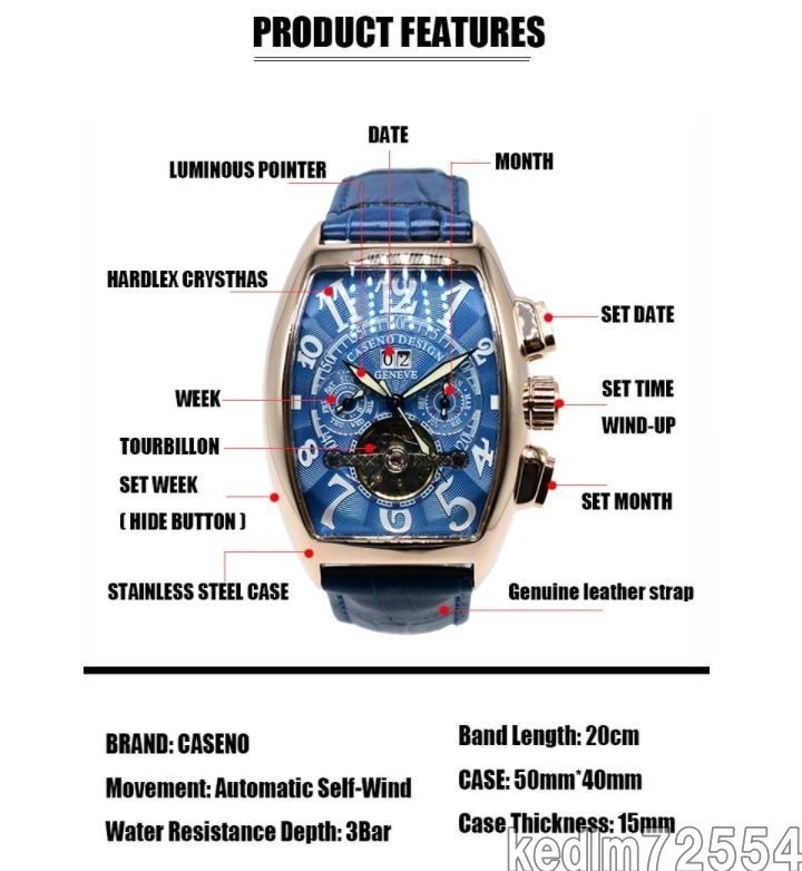 『超得』【高品質】caseno 自動巻き 機械式腕時計 クロノグラフ メンズ トゥールビヨン 革バンド_画像4