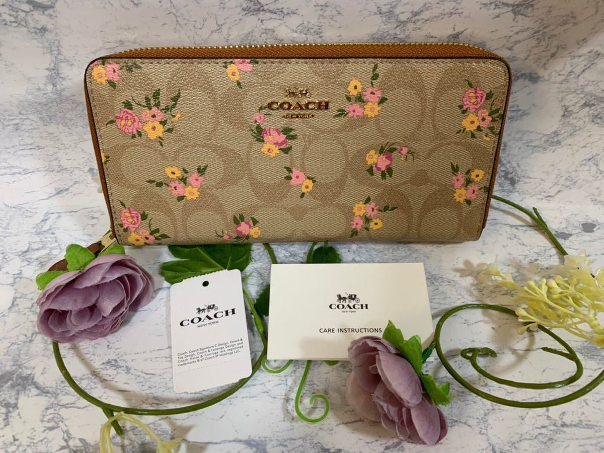 COACH】コーチ 正規品 新品 長財布 ピンク黄色小花柄×カーキ