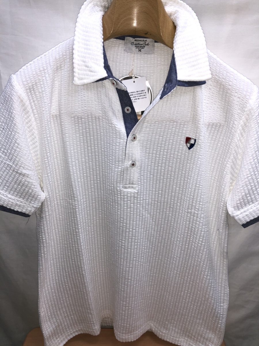 ポロシャツ　ゴルフシャツ　サッカーストライプ　２枚衿　ストレッチ　Ｍサイズ　白　ＣＲＥＡＴＩＯＮ　ＣＵＢＥ★未使用格安！_画像3