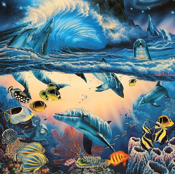 ラッセン ディズニーコラボ プレミアム版画『ミッキーの魔法使い』油彩原画に近い凹凸感ある技法 イルカ 海 宇宙 魚 珊瑚礁 熱帯魚 絵画