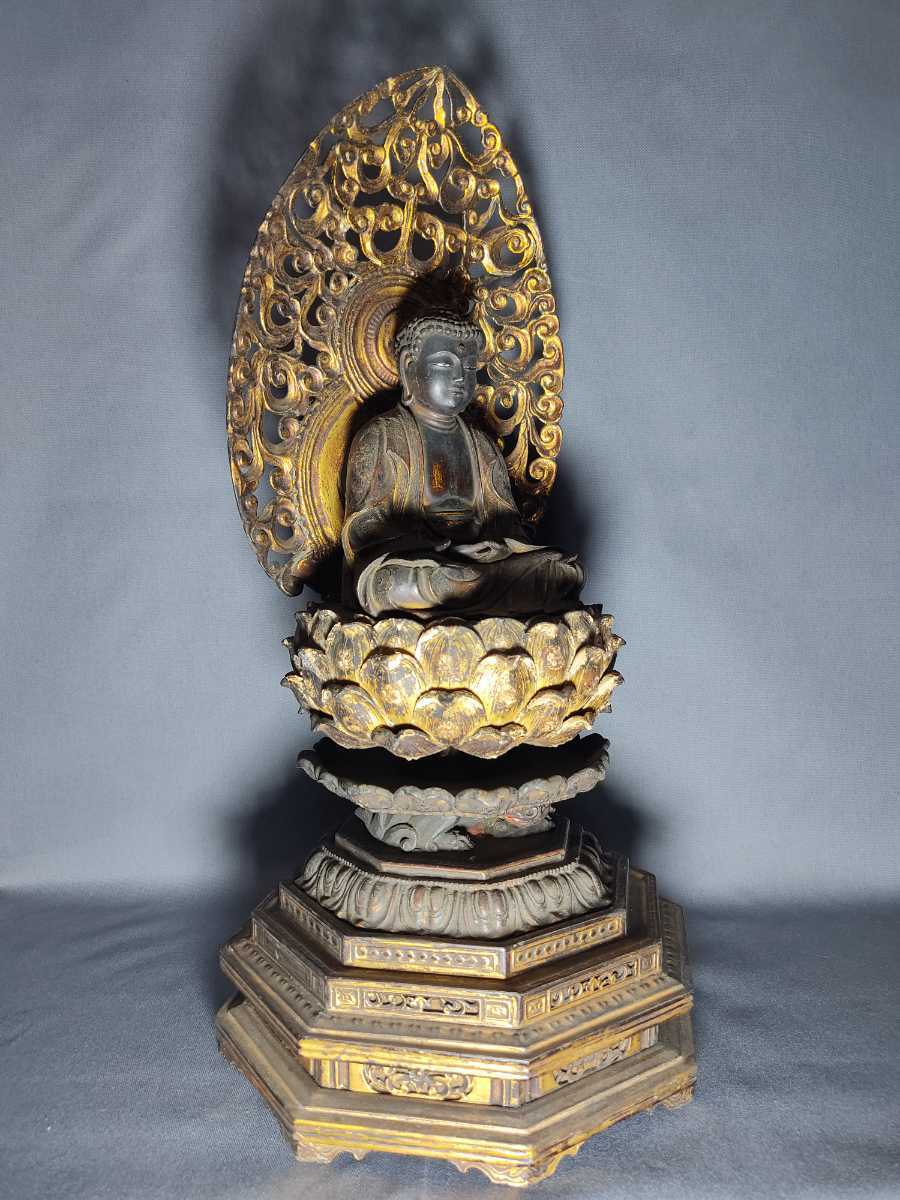 仏教美術 彩色木彫 玉眼入 釈迦如来像 仏像 置物 逗子付 M R5289B-
