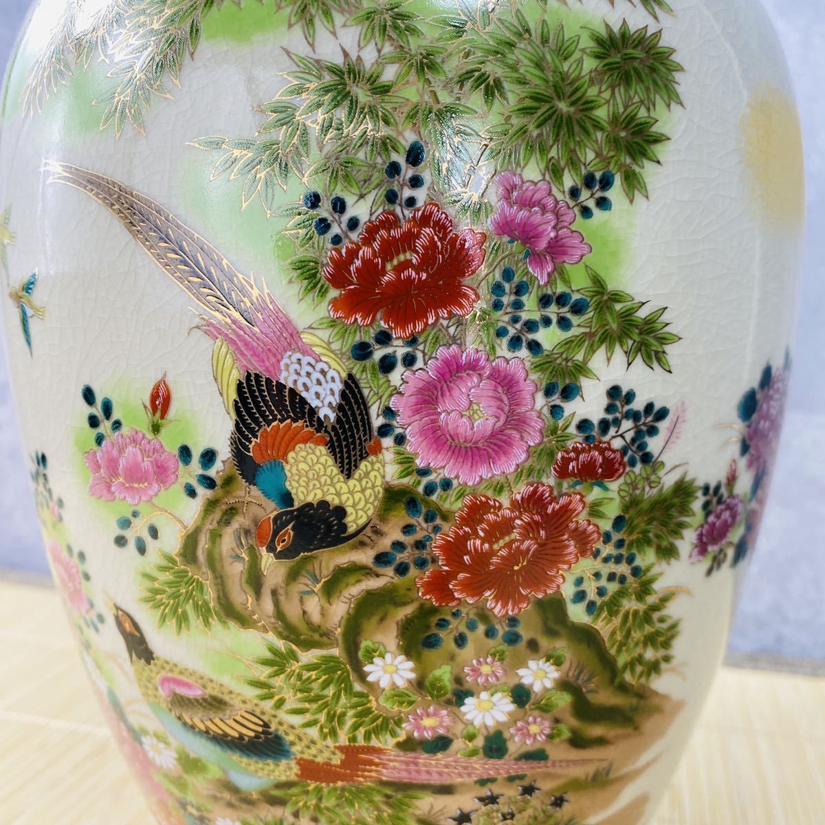 カテゴリ 九谷焼 仙龍 青粒鉄仙 大輪菊 花鳥大きい花瓶 花器 花入れ 壺