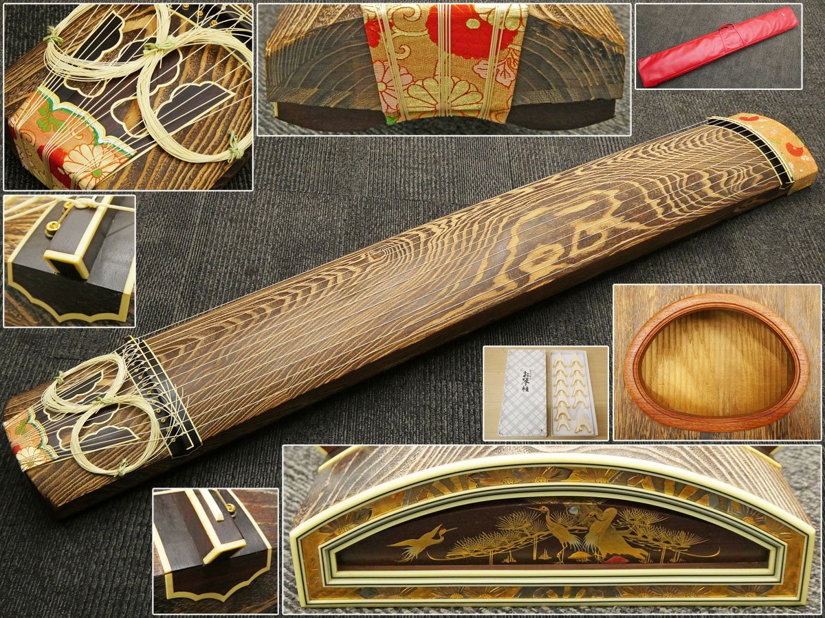 #2). koto . koto on angle koto . tree gold lacqering dragon . mother-of-pearl skill pine . crane map gold . front . writing sama . eyes carving 13 string koto . front cover * koto cover * koto pillar ( 1 pcs lack of equipped ) attaching!!