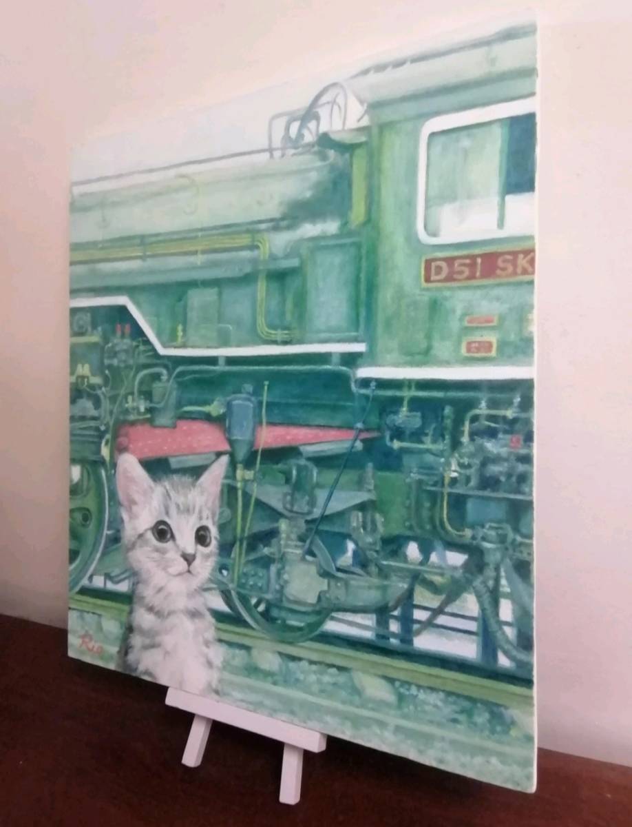  oil painting original picture [Excitement before the departure]Rio Yuki. castle . sound SL locomotive .. cat. . genuine work postcard set attaching *.. cat cat 