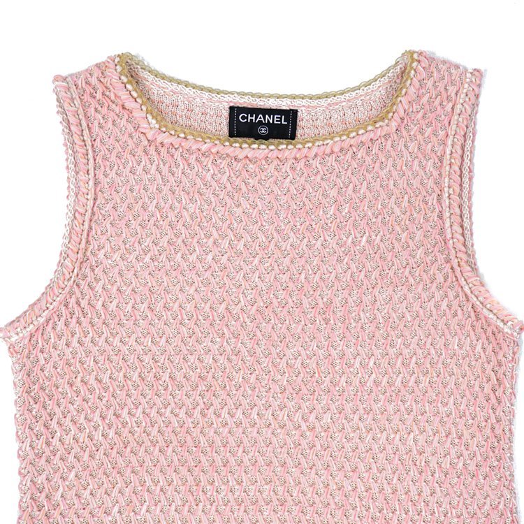 美品 CHANEL ノースリーブ ニット ドレス ワンピース ピンク 美品/人気】シャネル CHANEL サマーニット ノースリーブ