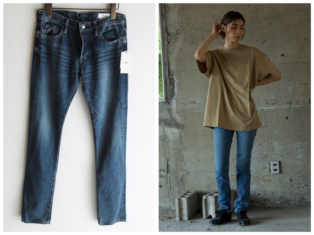 未使用タグ付き HYKE ハイク TIGHT STRAIGHT DENIM ビンテージ加工スリムデニムパンツ サイズ27 S〜M インディゴ 旧green グリーン_画像1