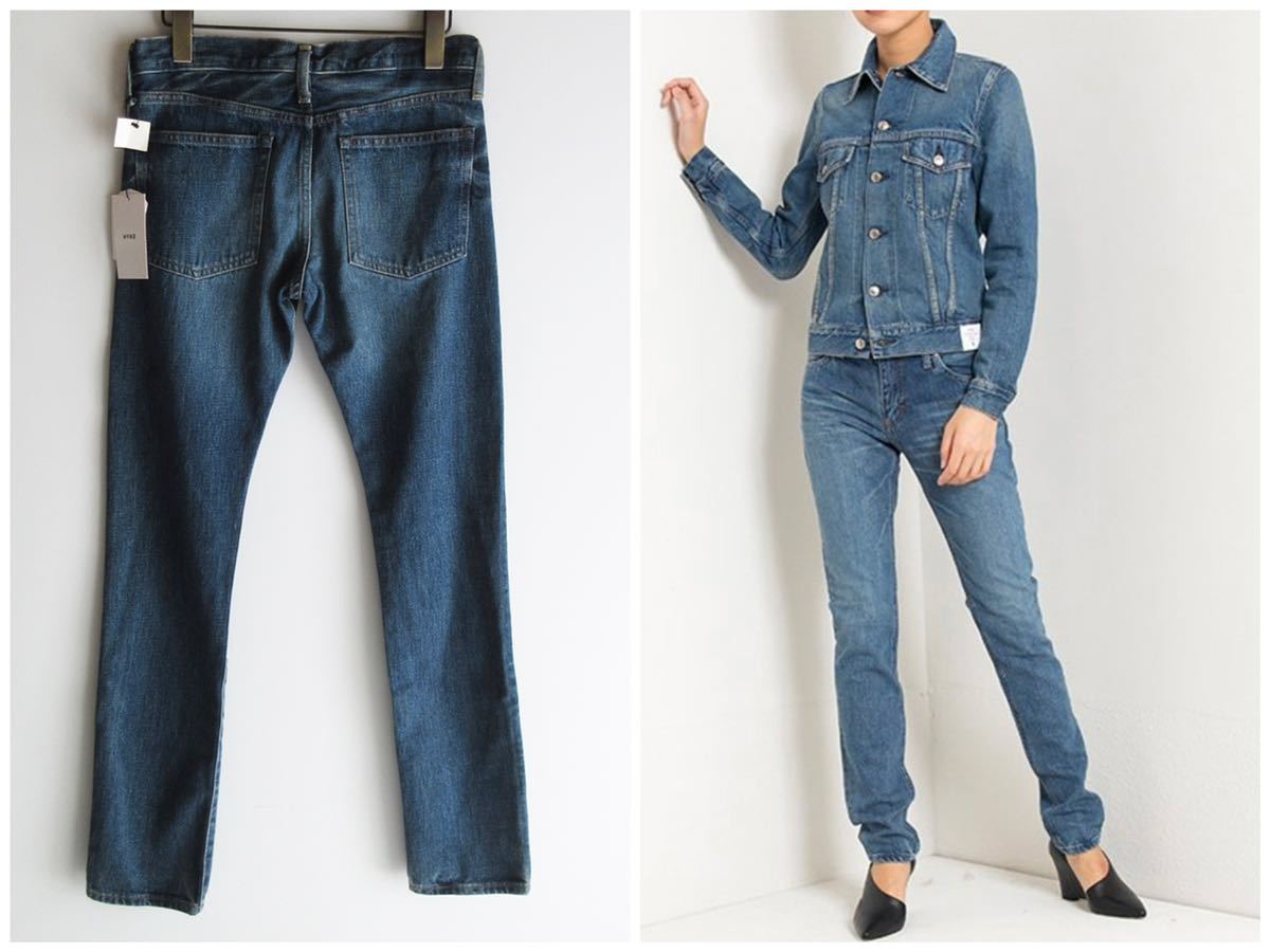 未使用タグ付き HYKE ハイク TIGHT STRAIGHT DENIM ビンテージ加工スリムデニムパンツ サイズ27 S〜M インディゴ 旧green グリーン_画像2