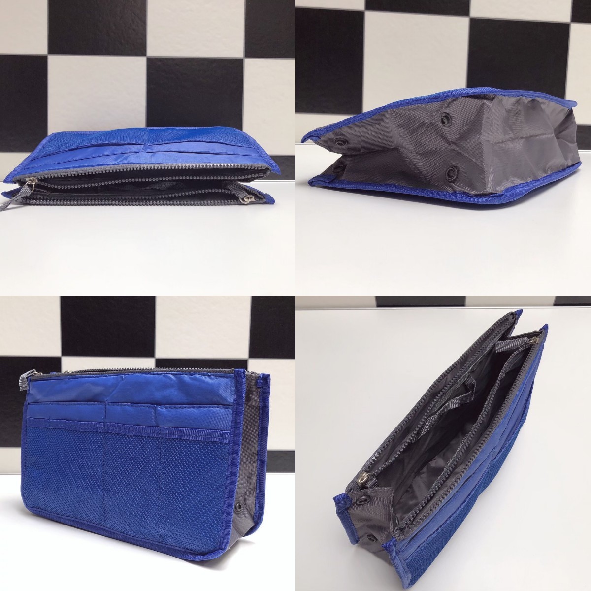 バッグインバッグ 収納 整理整頓  ポケット  携帯収納  ボタン付き 化粧品 インナーバッグ  化粧ポーチ 小物収納 ブルー 青