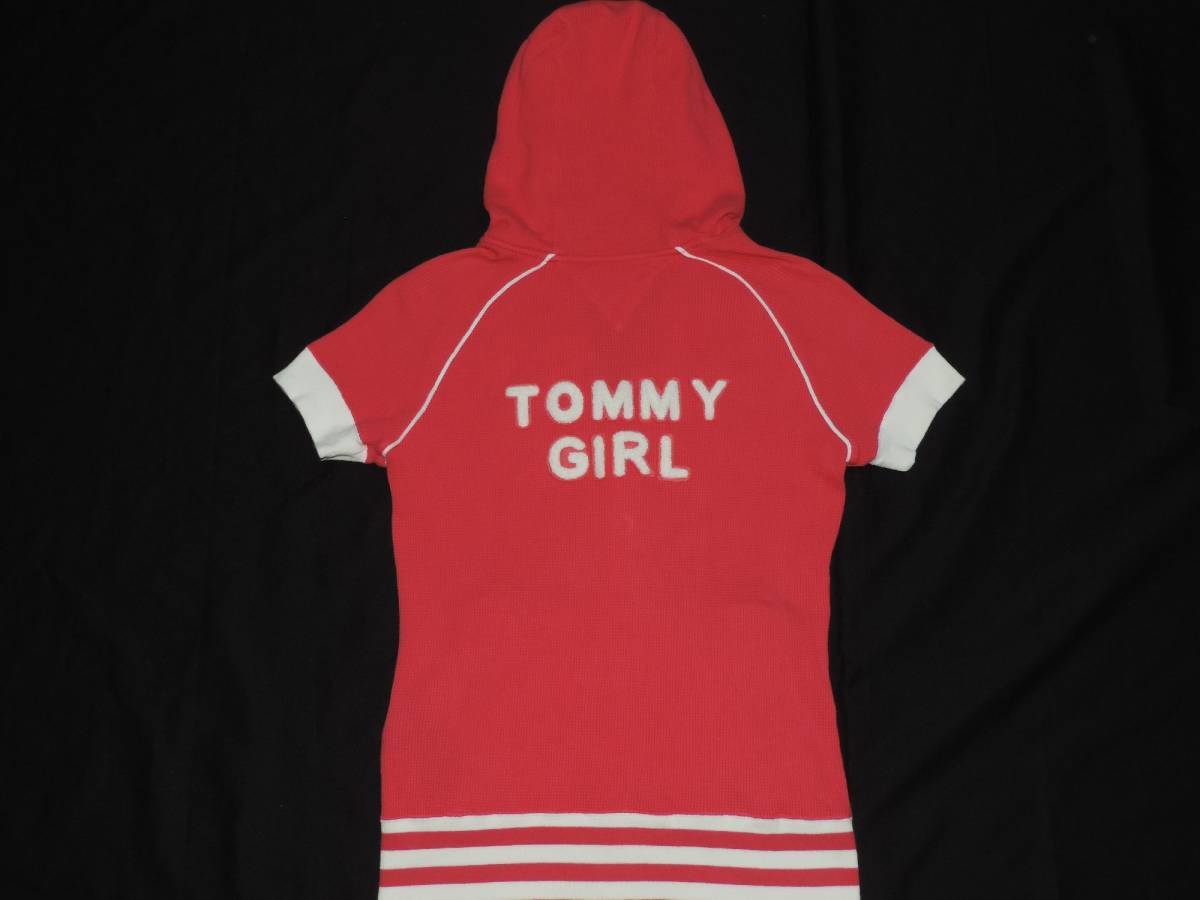 ☆Tommy JeansのバックTOMMY GIRLデザイン裾ボーダー赤系半袖パーカー☆XSサイズ☆トミー☆_画像3