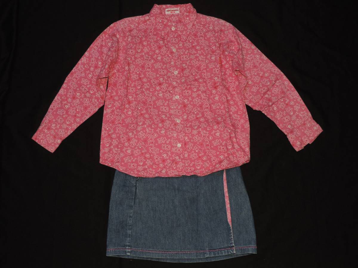 * Miki House. животное принт розовый рубашка с длинным рукавом . Denim LAP юбка. верх и низ в комплекте *130 см *
