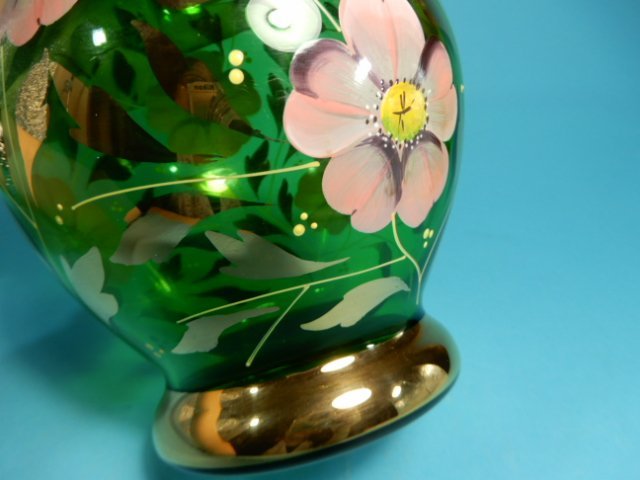 ボヘミアガラス　花瓶　緑地にコスモス　金彩　チェコスロヴァキア製　箱付き　インテリア　花入れ　花器　W-380_画像9