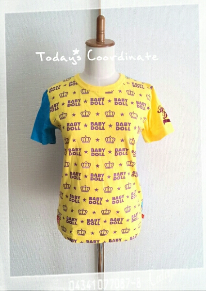 BABY DOLL baby doll общий Logo футболка желтый цвет × бледно-голубой S размер женский tops трикотаж с коротким рукавом ⑫6