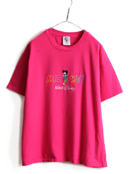 90s USA製 大きいサイズ XL ■ ディズニー オフィシャル ミッキー 刺繍 半袖 Tシャツ ( メンズ レディース ) 古着 90年代 オールド ピンク