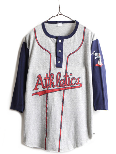 デッドストック 80s USA製  MLB オークランド アスレチックス ベースボール Tシャツ メンズ M L 80年代 ビンテージ  7分袖 2トーン 灰
