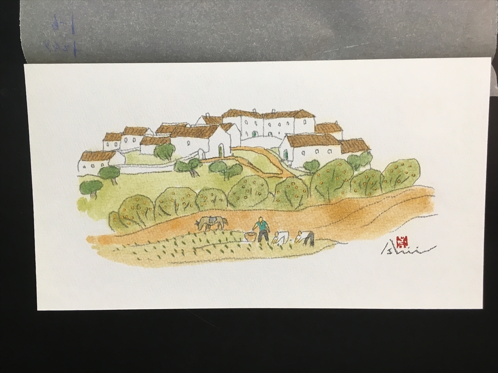 真作【石井崇 水彩画 原画(15) サイン入り 田舎風景 スペイン風景】検