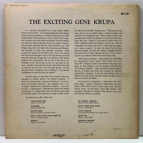 良好!! Clef オリジナル MONO 黒ツヤ 深溝 GENE KRUPA The Exciting 〜 (Clef MG C-687) w/ Charlie Shavers, Ben Webster, Willie Smith_画像2