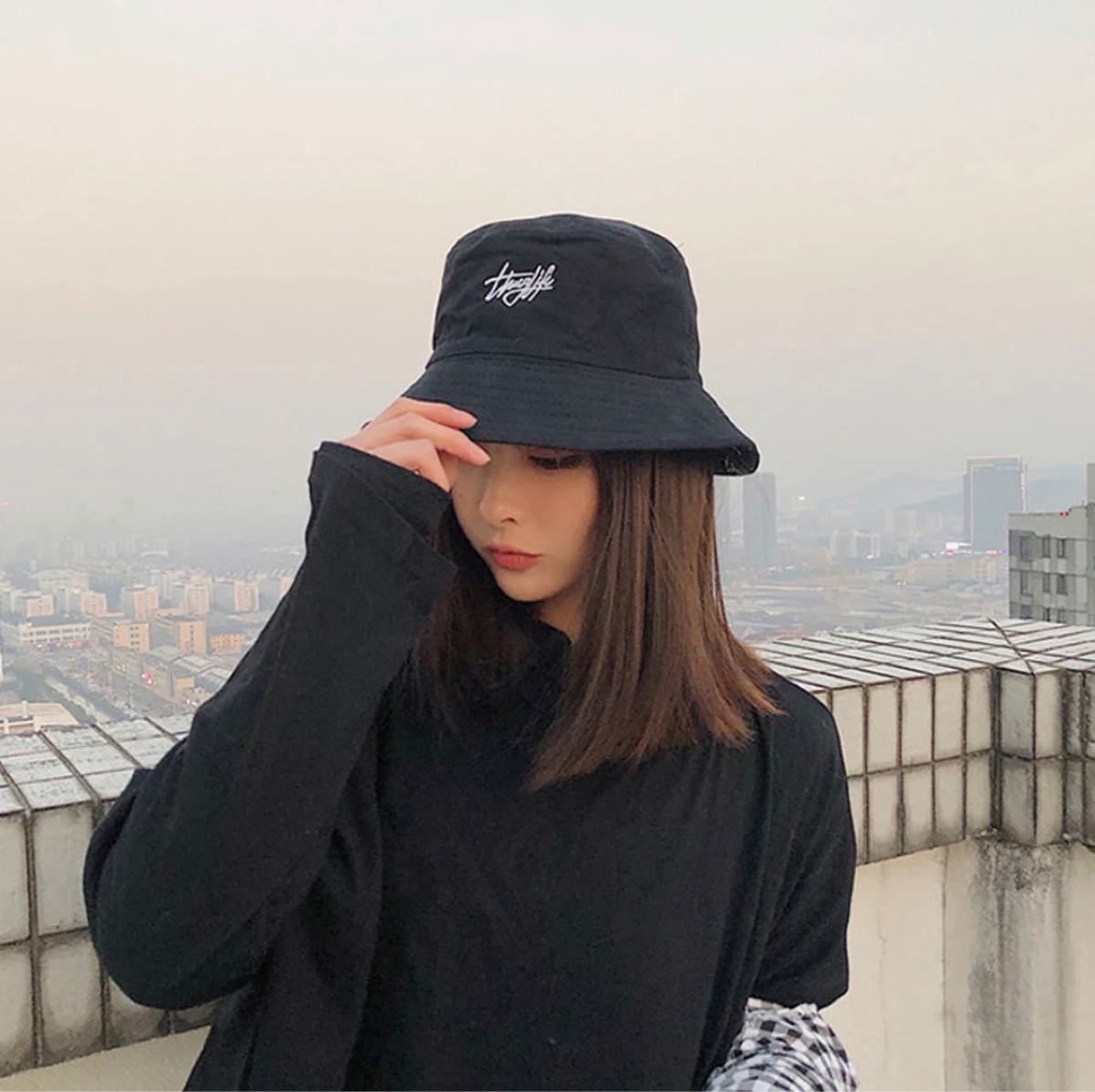 100％品質 帽子 バケットハット 黒 韓国 オルチャン 安全ピン ユニセックス