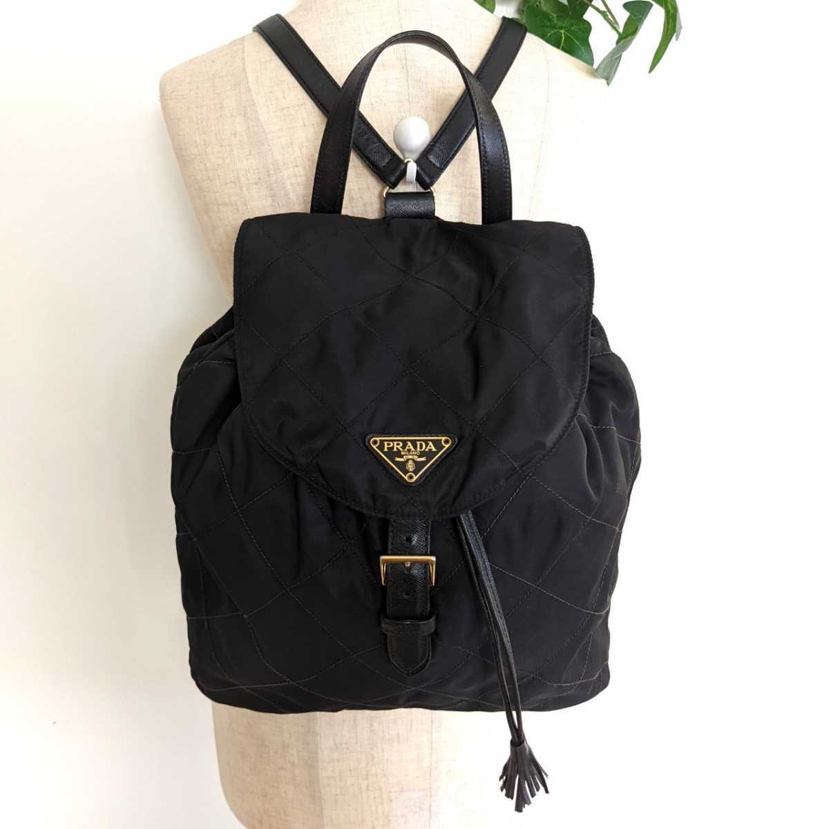 良品 PRADA オールドプラダ ビンテージ キルティング ナイロン レザー リュック バッグ 巾着 バックパック 黒 ブラック レディース メンズ