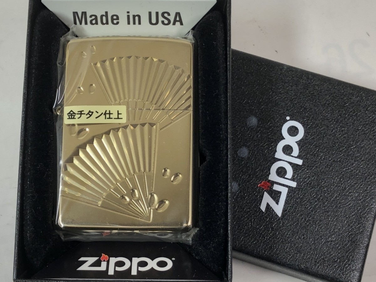 Zippo　和柄 金チタン 扇子 扇 深堀彫刻 Old Japan Crassic ゴールド 金 2016 新品 Folding fan_画像2