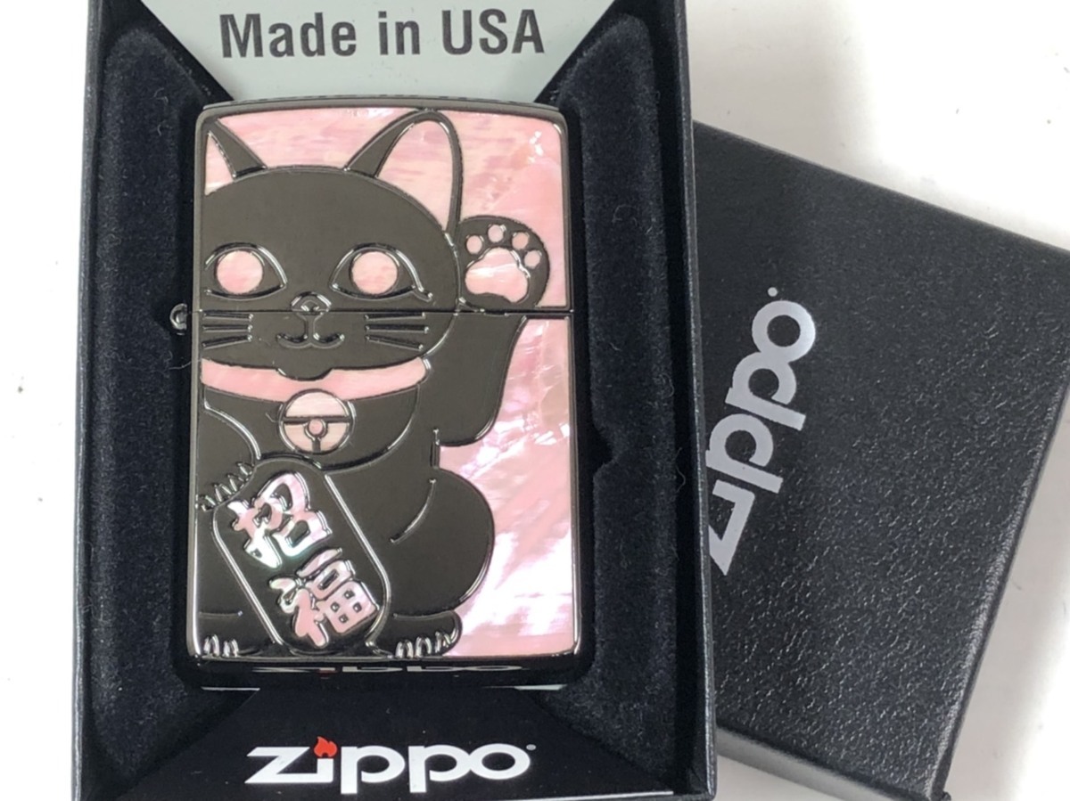 Zippo Shell Inlay 天然貝 シェル ラッキーキャット 招き猫/両面 /ピンク 桃黒 BK 新品の画像6