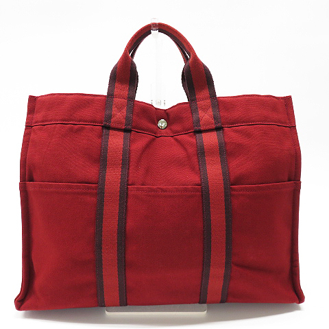即決】HERMES エルメス フールトゥMMキャンバストートバッグ レッド系