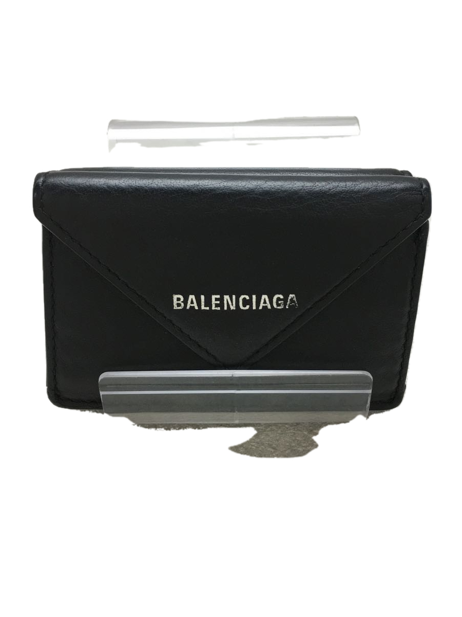 BALENCIAGA◇ペーパーミニウォレット/3つ折り財布/レザー/BLK/無地