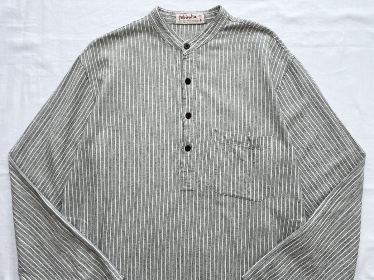 希少90s vintageストライプシャツ ノーカラーシャツジャケット カフタンシャツ ロングシャツ グレー白 古着ビンテージ ヴィンテージ  80s00s