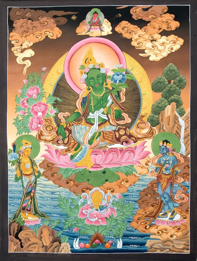 送料無料 グリーンターラー タンカ 仏画 〔一点物〕タンカ 61.5x46cm マンダラ チベット 曼荼羅 手描き 曼陀羅