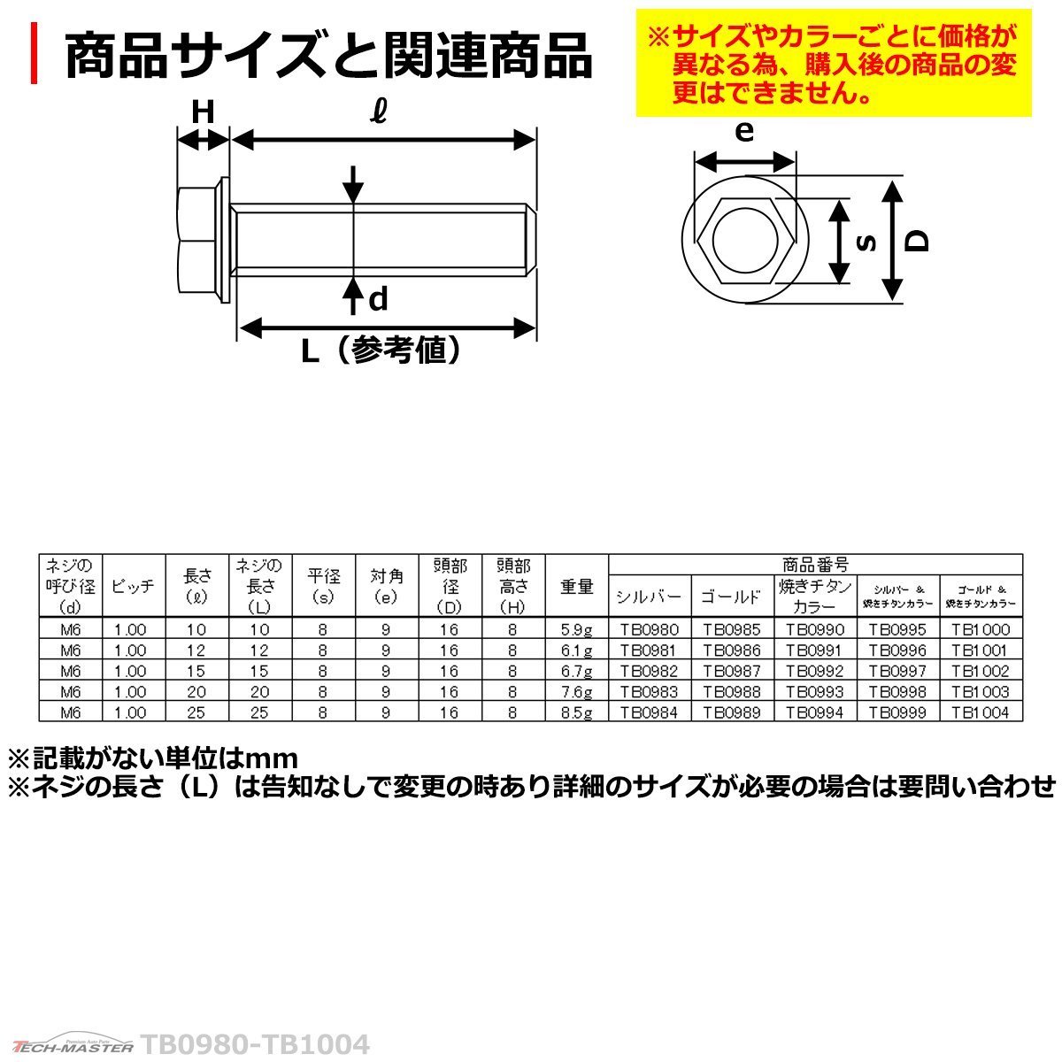 M6×12mm P1.0 フラワーヘッド スターワイドフランジ 六角ボルト ステンレス 車/バイク シルバー＆焼きチタンカラー 1個 TB0996_画像3