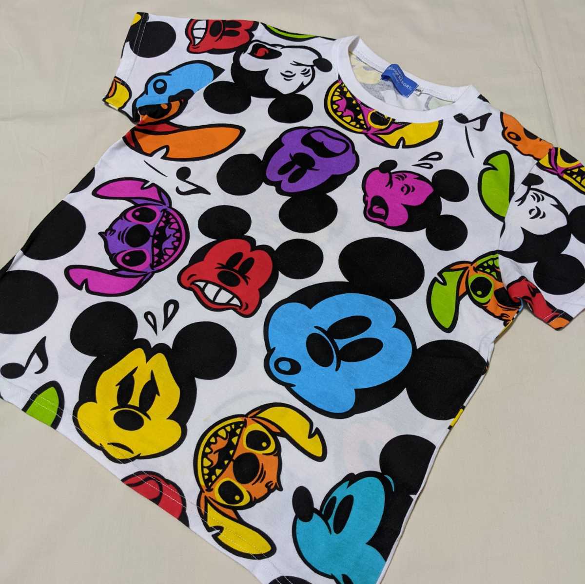 Ah46 Disney 150 Tシャツ キッズ スティッチ ディズニー フェイス ミッキー 半袖 女の子 子供 男の子 男女兼用 白 総柄 人気商品は ディズニー