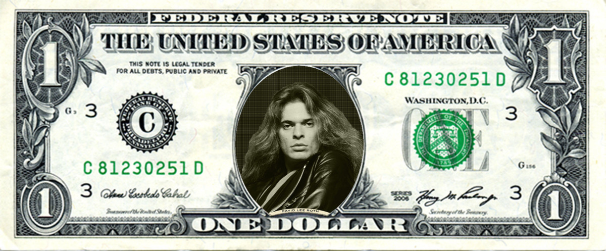 人気ロックバンド!Van Halen/ヴァン・ヘイレン/David Lee Roth/デイヴィッド・リー・ロス/デイヴ/本物米国公認1ドル札紙幣-1_画像1