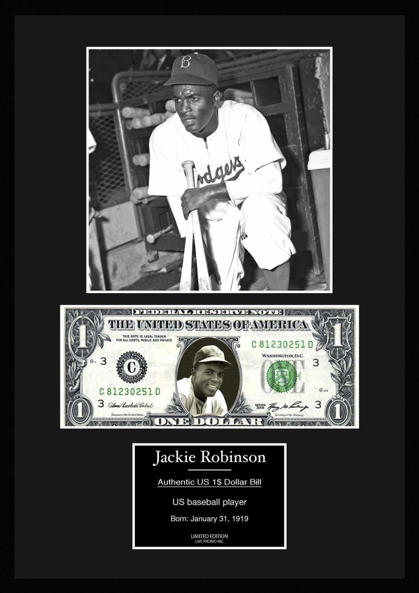 MLB!メジャーリーグ/プロ野球選手!【ジャッキー・ロビンソン/Jackie Robinson】写真本物USA1ドル札フレーム証明書付/モノクロ/8_画像1