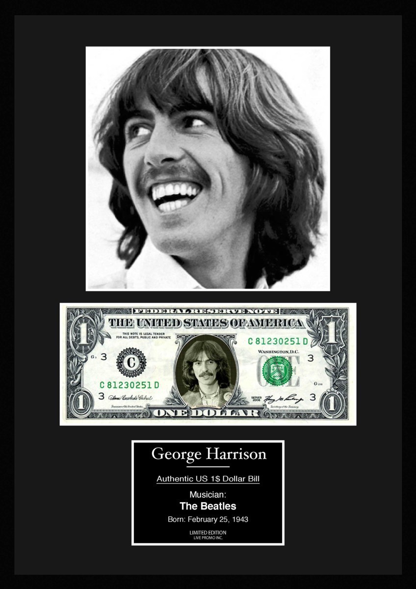 【4種】限定!ザ・ビートルズ/The Beatles/ジョージ・ハリスン/George Harrison/本物USA1ドル札フレーム証明書付き_画像1